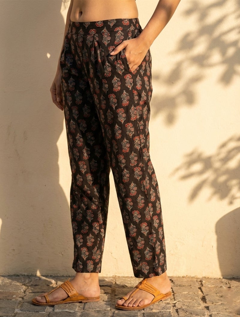 trueBrowns Black Boota Print Angrakha Kurta Pant Dupatta Set - Image 4